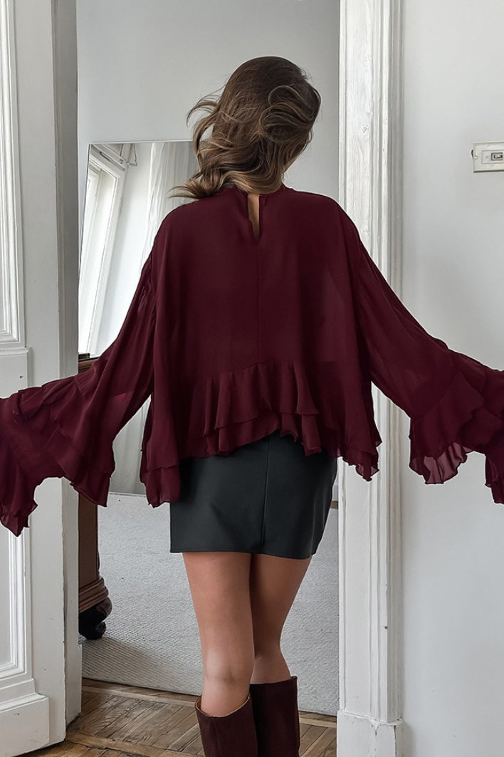 Mock Neck Tiered Ruffle Hem Flare Sleeve Chiffon Blouse 5