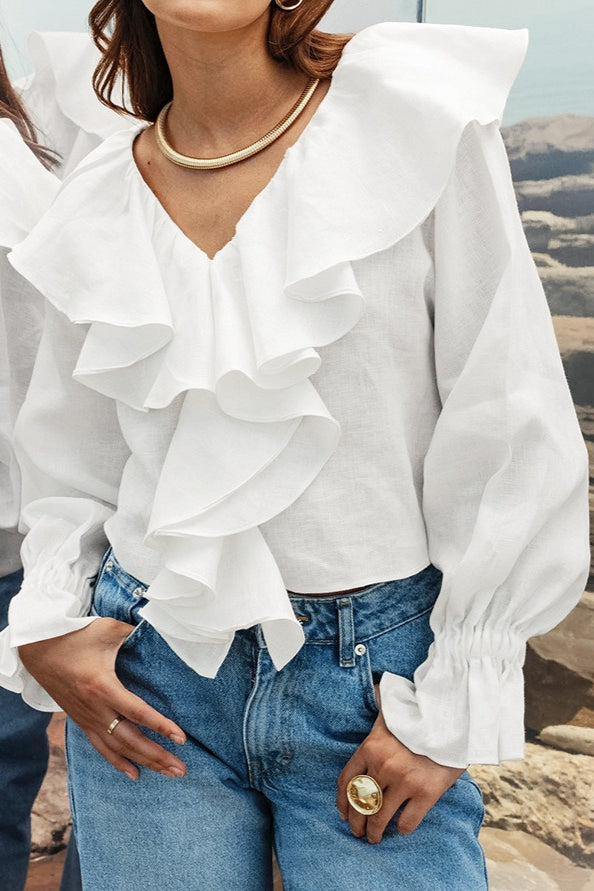Deep V-Neck Ruffle Front Gathered Cuff Long Sleeve Linen Look Blouse 5