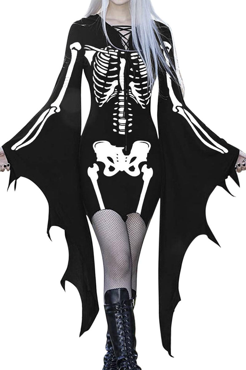 Halloween Color Block Lace Up Batwing Sleeve Bodycon Dress