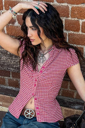 Plaid Button Front Fitted T-Shirt
