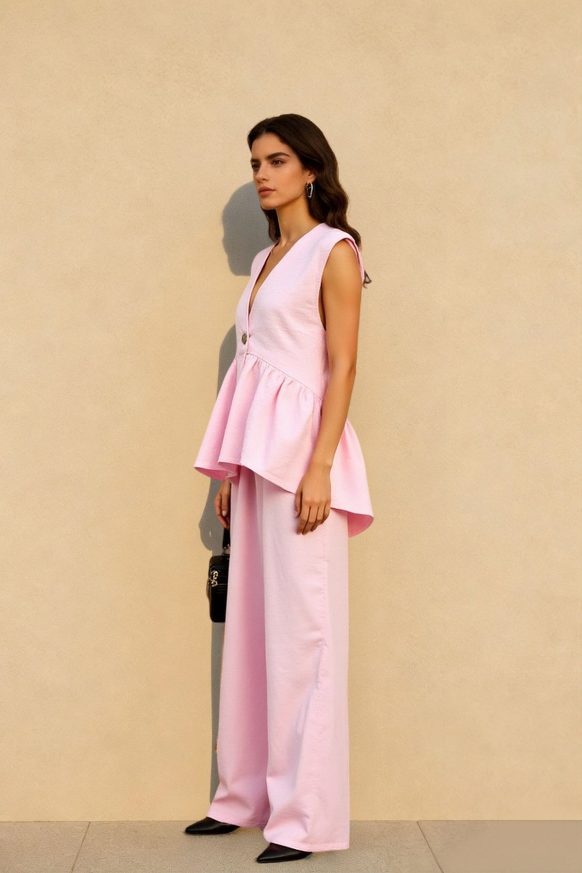 V-Neck Sleeveless Peplum Vest Top and Wide Leg Pants Two Piece Set 3