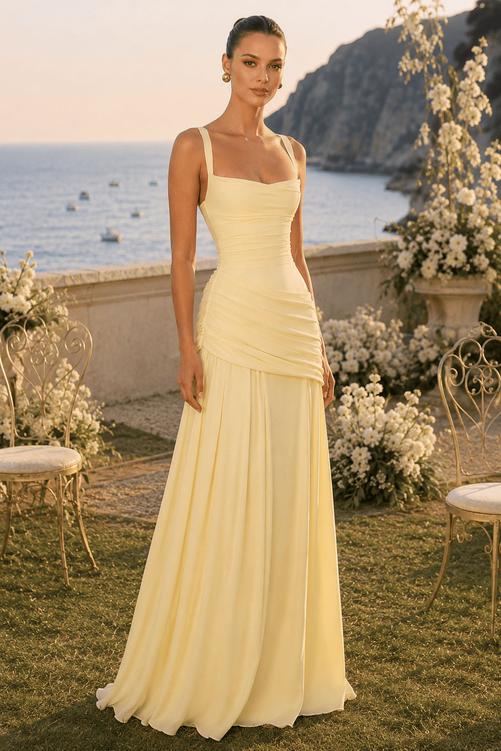 Solid Plunge Ruched Waist Backless Slip Dress