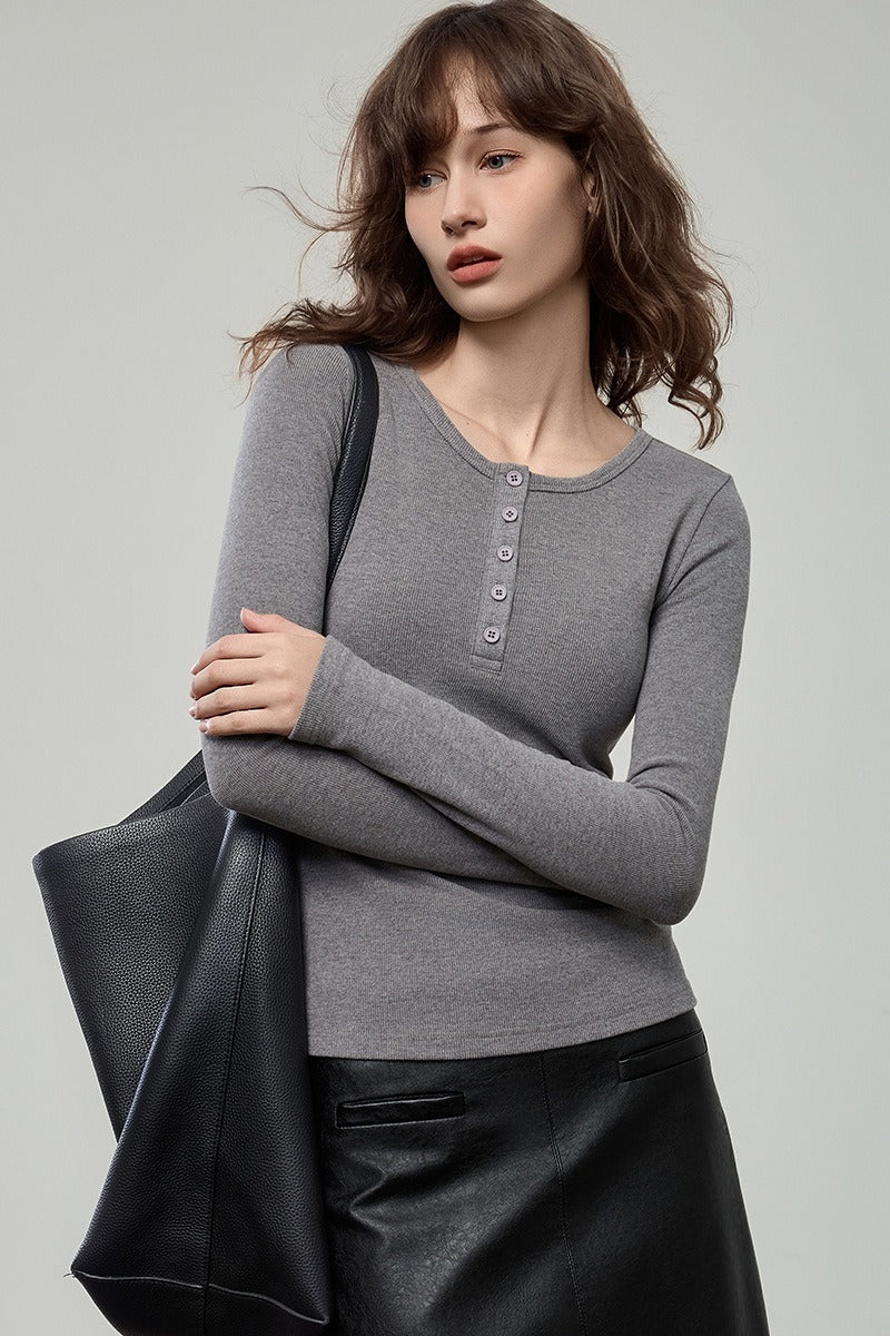 Stretchy Ribbed Henley Long Sleeve Top