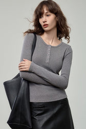 Stretchy Ribbed Henley Long Sleeve Top