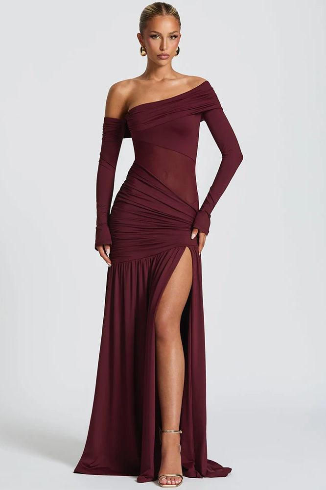 Off-Shoulder Long Sleeve Backless Thigh Split Maxi Dress