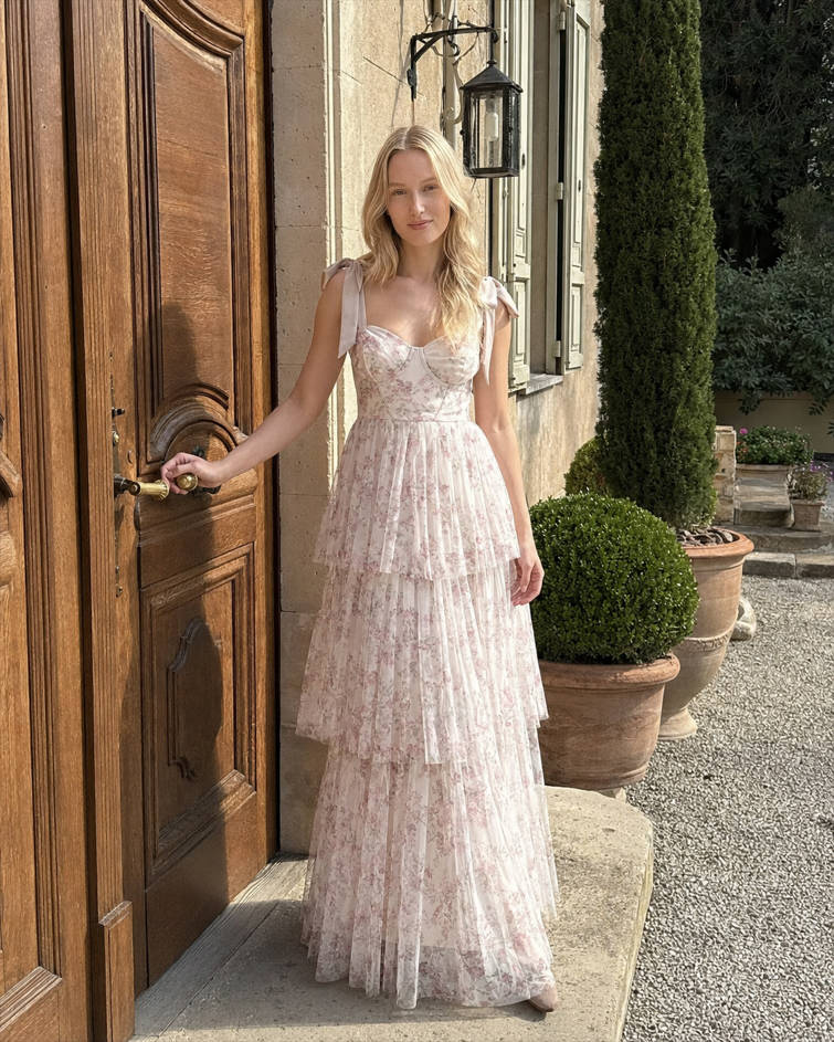 Pink Backless Strap Tiered Floral Dress
