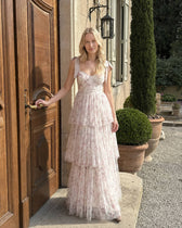 Pink Backless Strap Tiered Floral Dress