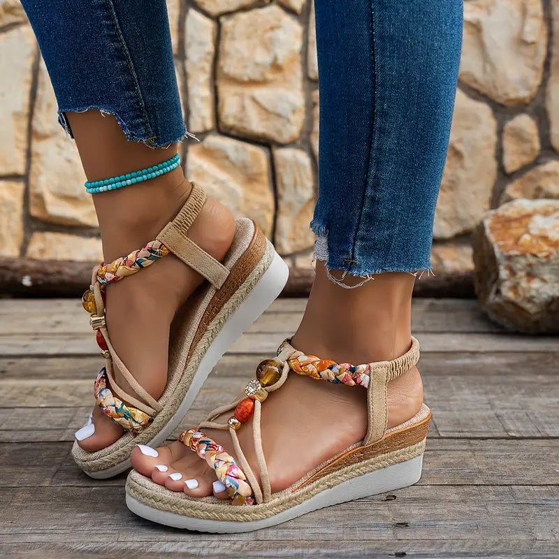 Beaded Braided Strap Espadrille Wedge Sandals