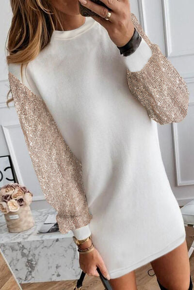 Knit Mock Neck Sequin Balloon Long Sleeve Sweater Mini Dress 2