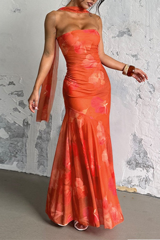 Sexy Strapless Mesh Tie Detail Maxi Floral Dress