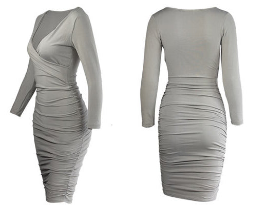 Deep V-Neck Long Sleeve Ruched Bodycon Midi Dress