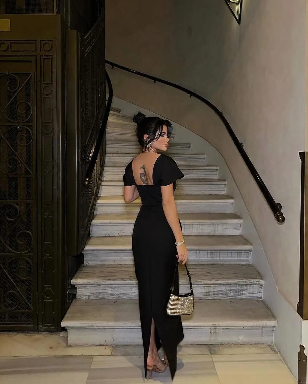 Rhinestone Trim Square Neck Cap Sleeve Bodycon Maxi Gown 9