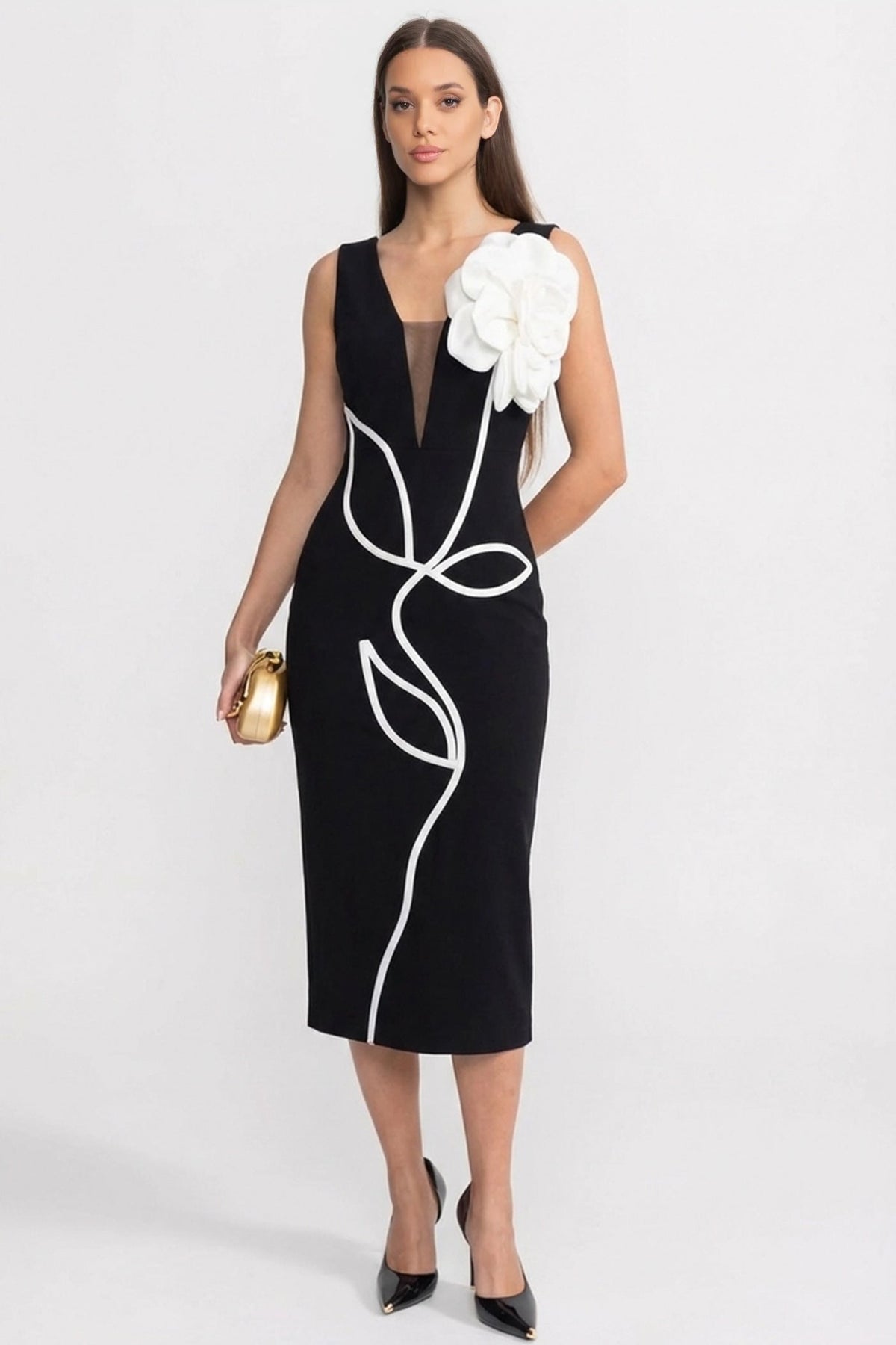 Deep V-Neck Sleeveless 3D Flower Contrast Piping Sheath Midi Dress