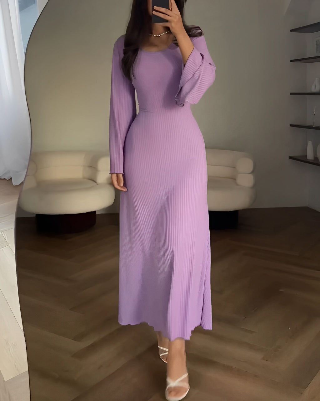 Ribbed Knit Square Neck Long Sleeve Side Split Bodycon Maxi Dress