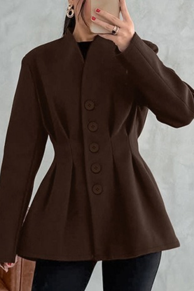 Collarless V-Neck Five Button Pleated Waist Peplum Blazer Jacket 4