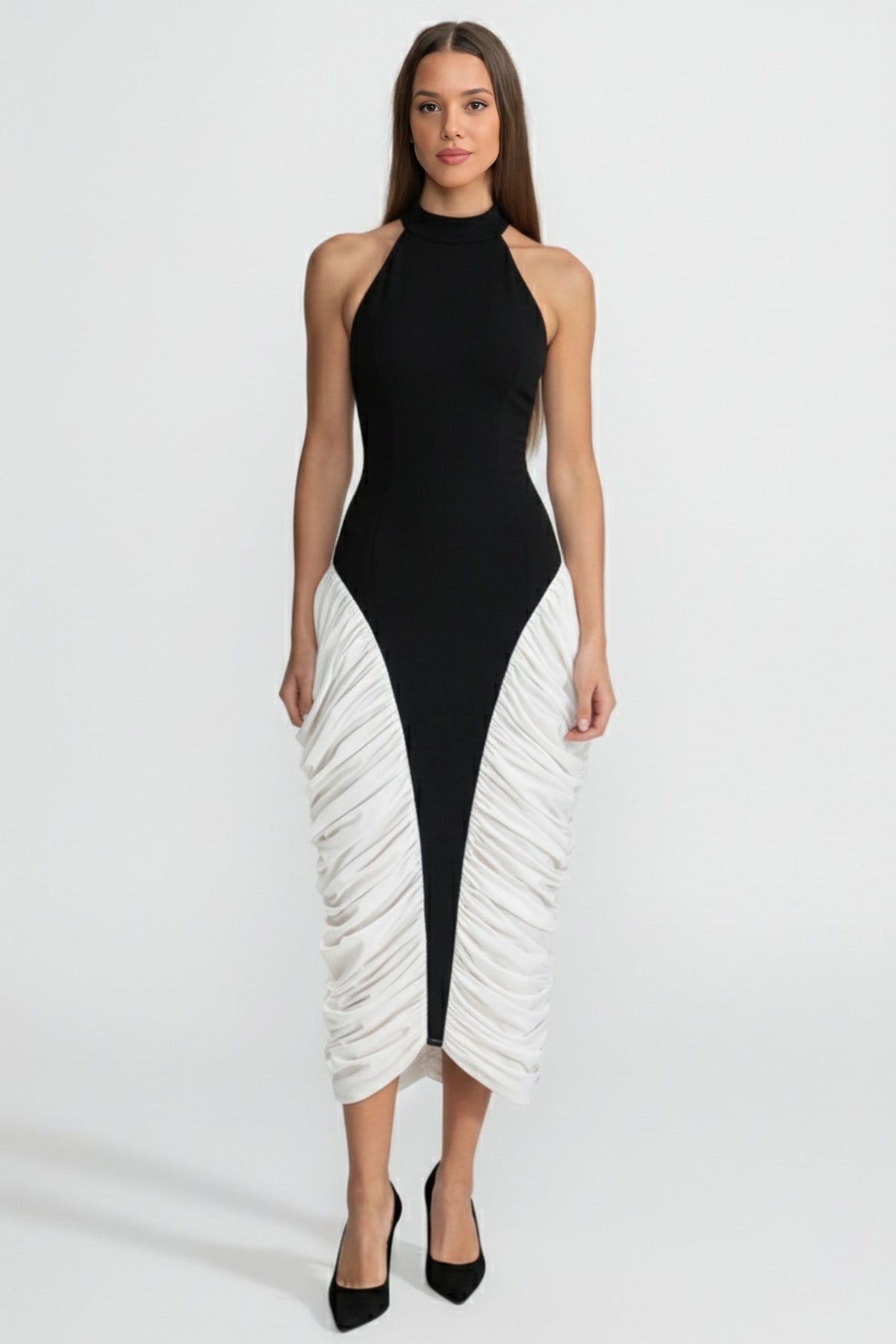 Halter Neck Contrast Ruched Side Panel Bodycon Midi Dress