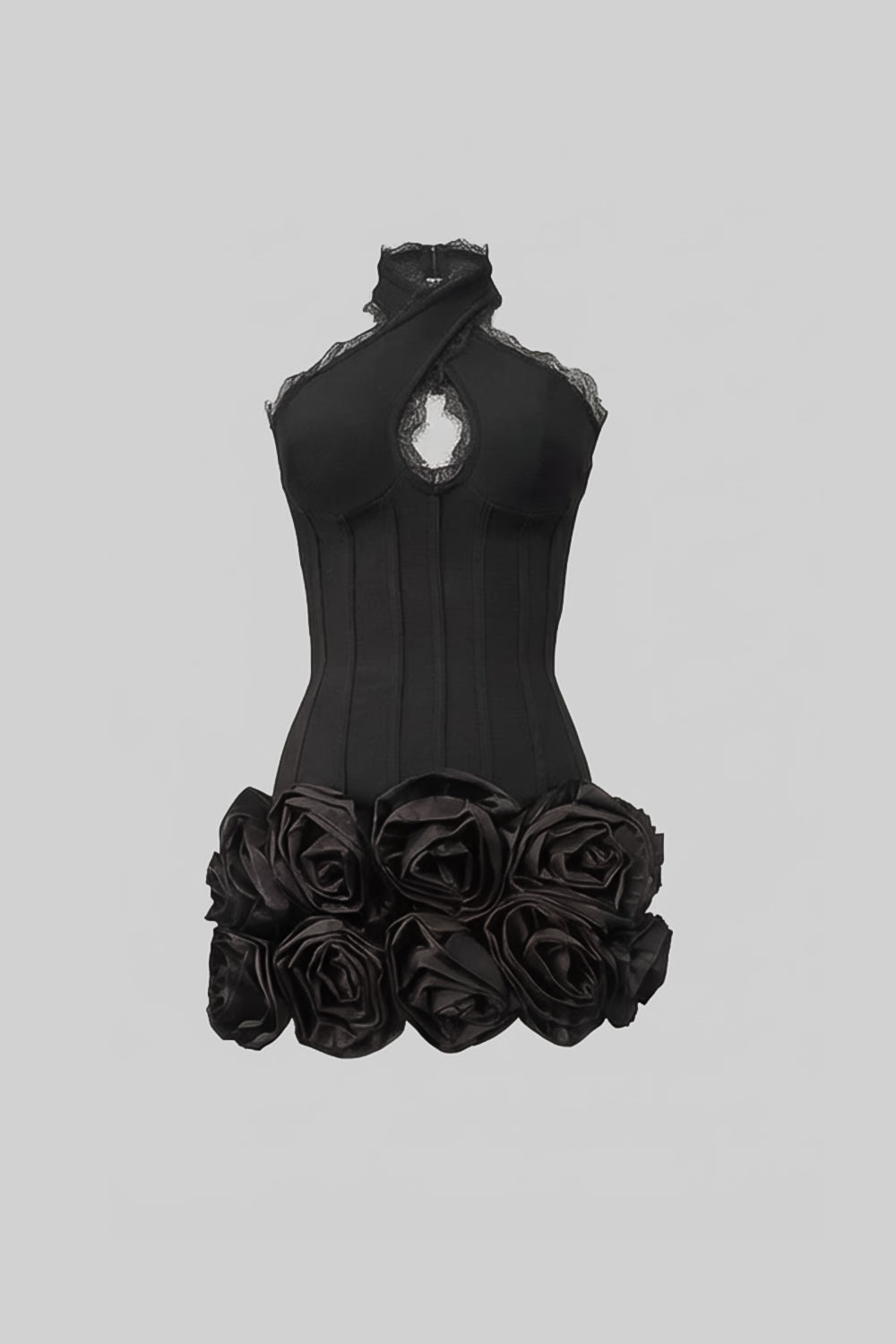 Cross Halter Neck Keyhole Lace Trim Corset 3D Rose Hem Mini Dress 2