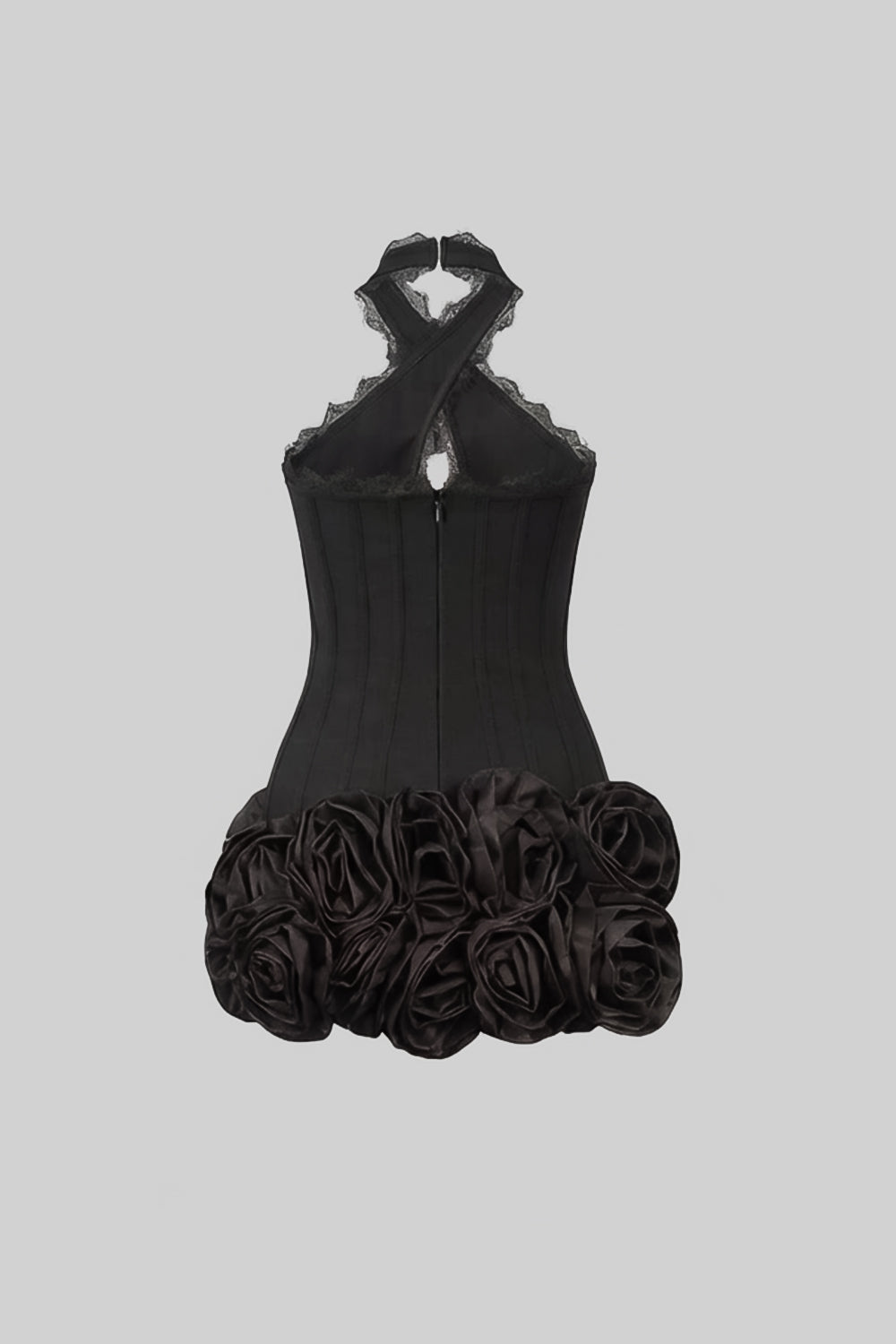 Cross Halter Neck Keyhole Lace Trim Corset 3D Rose Hem Mini Dress 5
