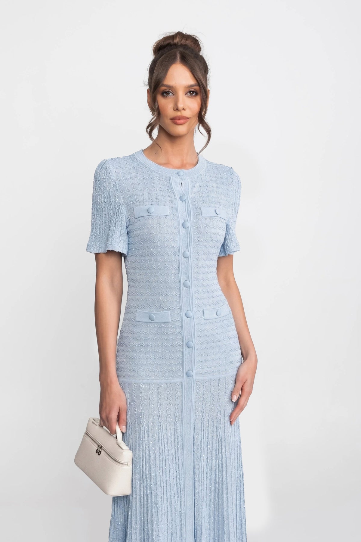 Crew Neck Short Sleeve Jewel Button Front Pointelle Knit Maxi Dress 3