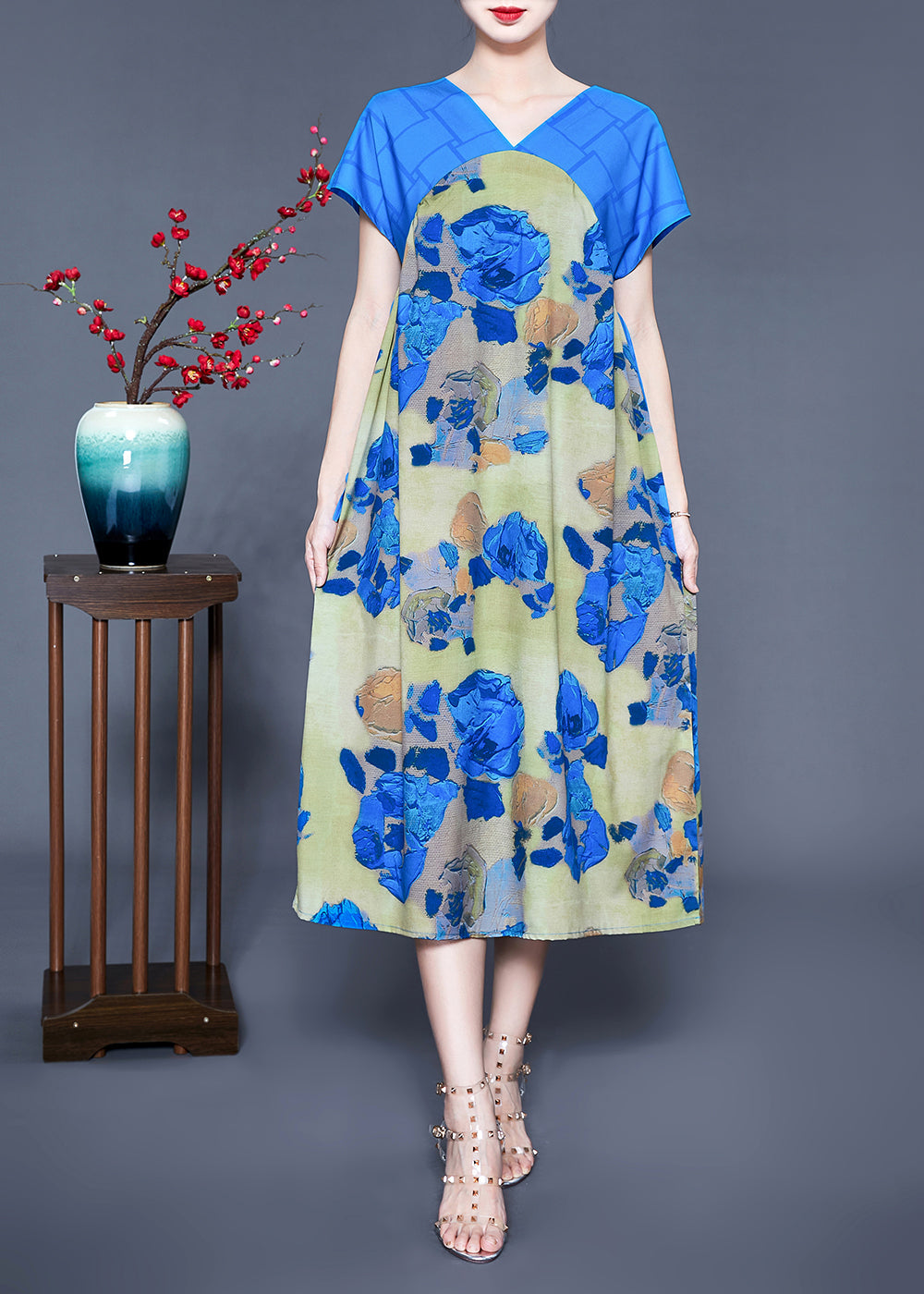 Floral Print Patchwork V-Neck Flutter Sleeve Midi Dress