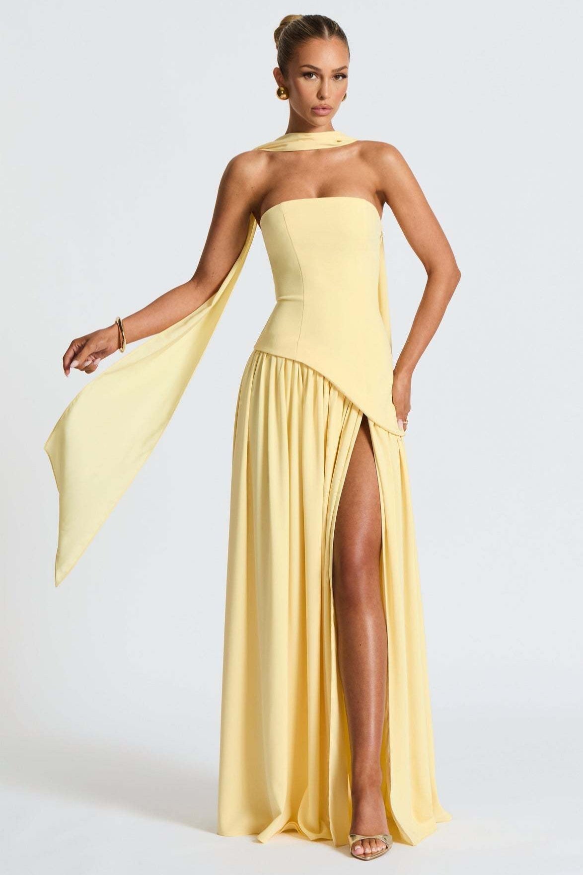 Strapless Scarf Neck High Split Draped Maxi Gown