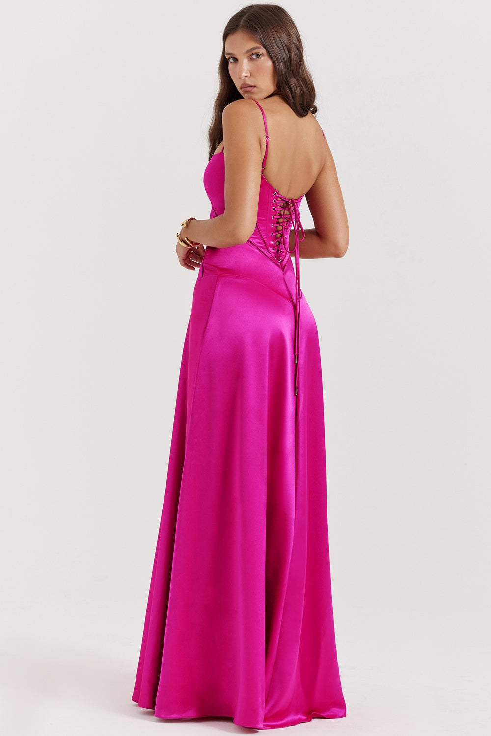 Satin Square Neck Corset Seam Spaghetti Strap Flowy Maxi Dress 7