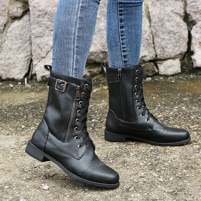 Lace Up Side Zip Buckle Block Heel Combat Boots