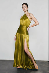 Metallic Pleated Slit Tie Halter Sleeveless Formal Dress