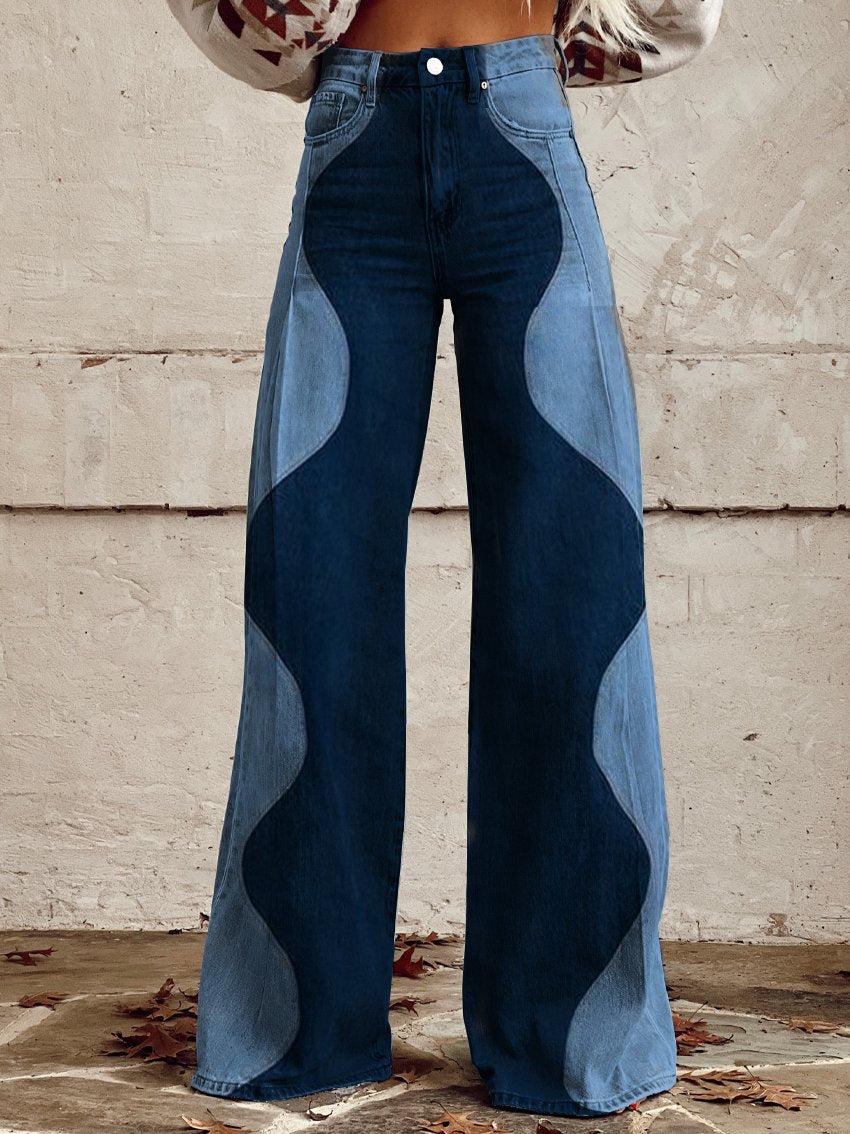 High Waist Wide Leg Patchwork Panel Jeans