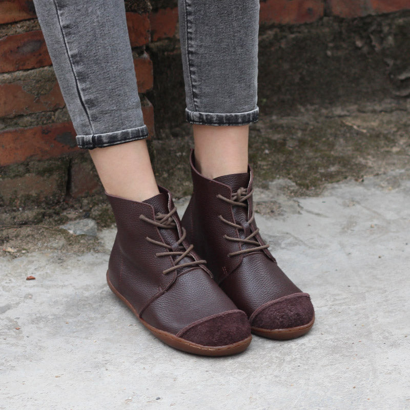 Nubuck Leather Ankle Booties Handmade Low-Heel Mori Girl Shoes Boots Coffee