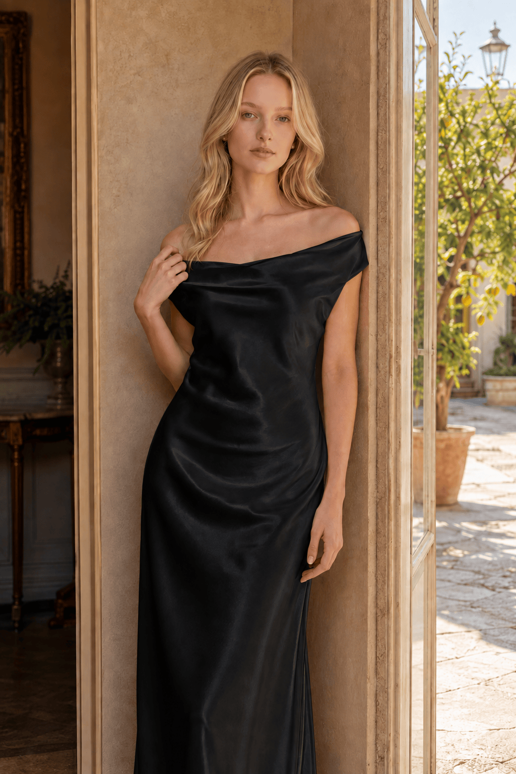 Backless Off-the-Shoulder Satin Dress