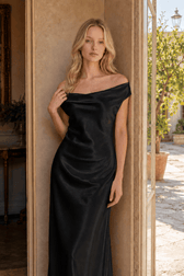 Satin Off Shoulder Backless Tie Waist Slim Fit Long Sexy Prom Dress