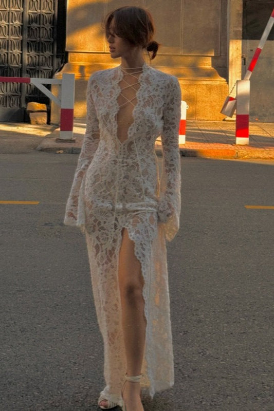 Trendy Lace Tie High Split Lace Dress 3
