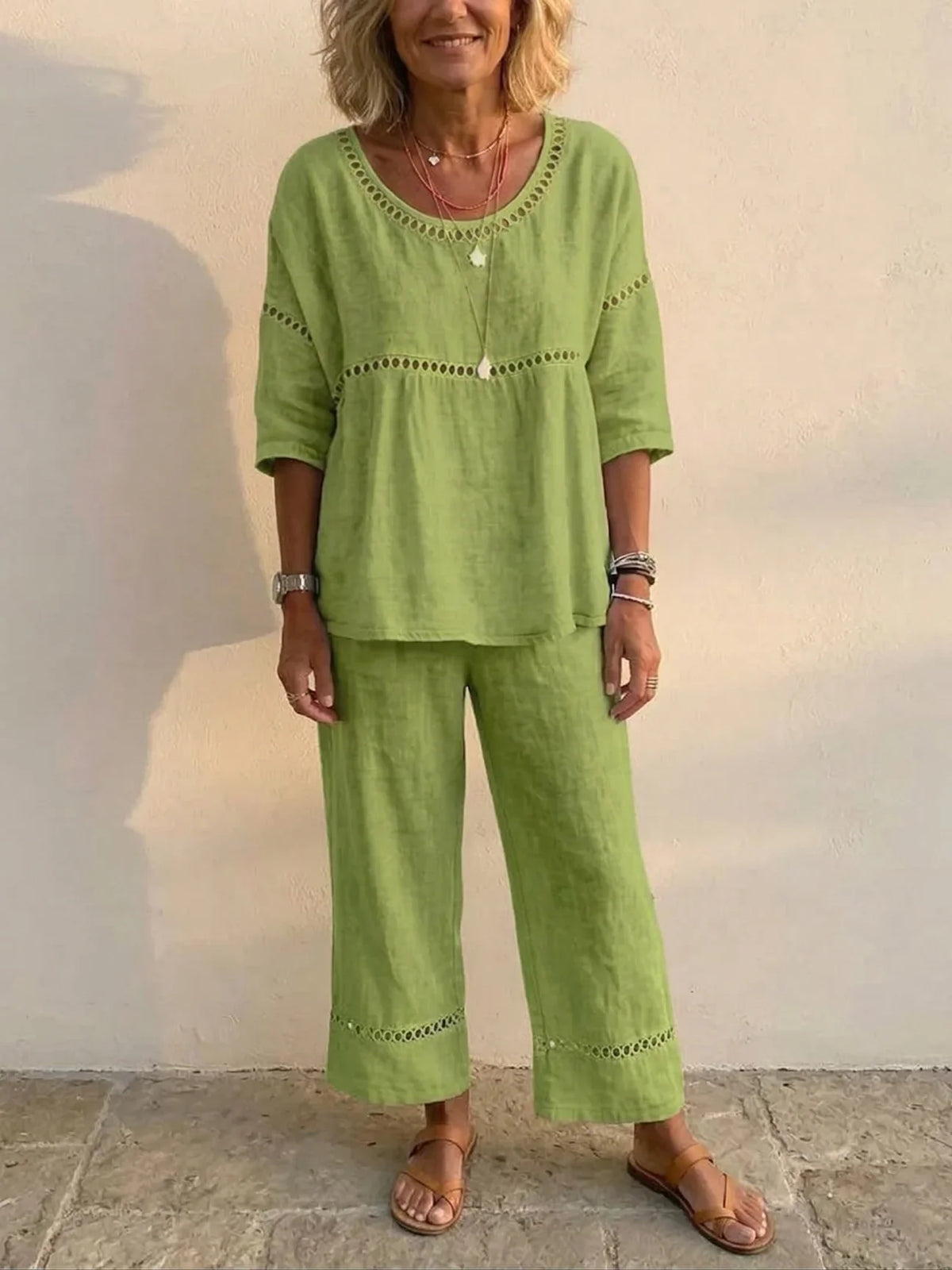 Crochet Cutout Trim Round Neck Top and Wide Leg Pants Two Piece Set