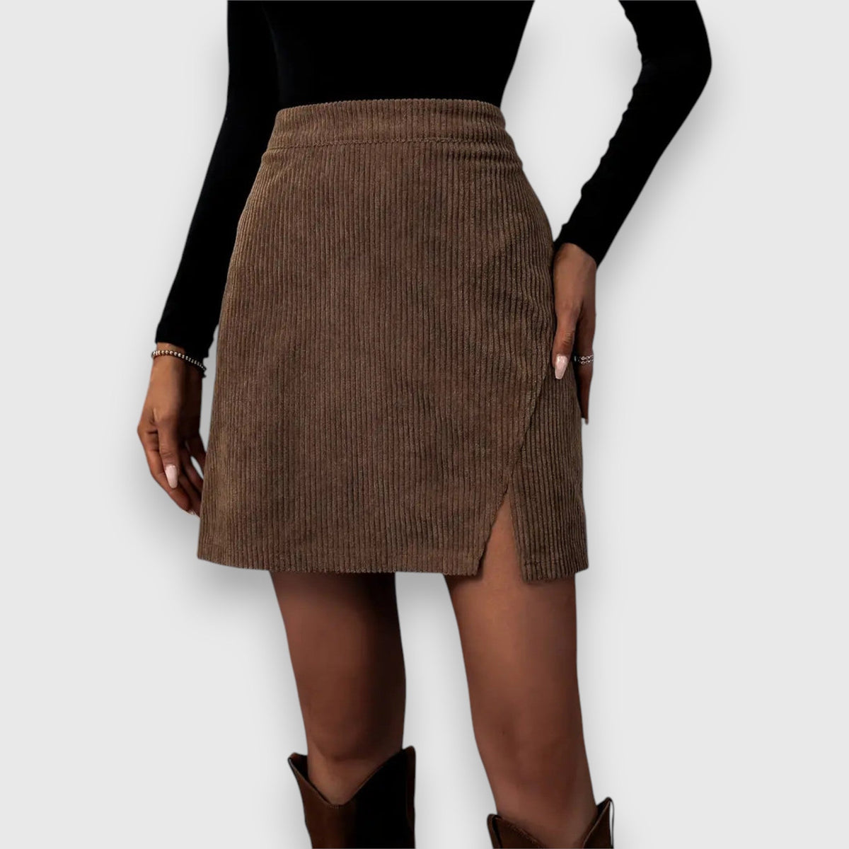 High Waist Corduroy Side Slit Mini Skirt