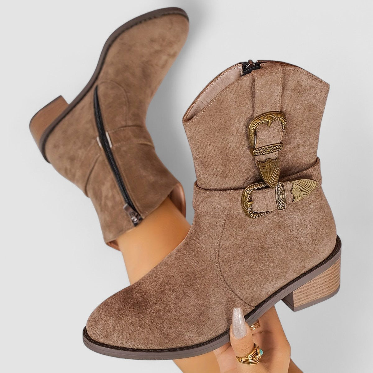 Suede Look Buckle Western Block Heel Ankle Boots