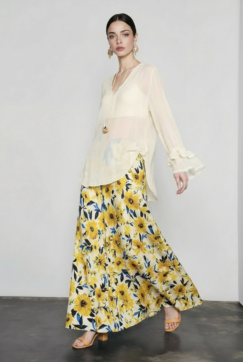 Sunflower Floral Print High Waist Flowy Maxi Skirt 3
