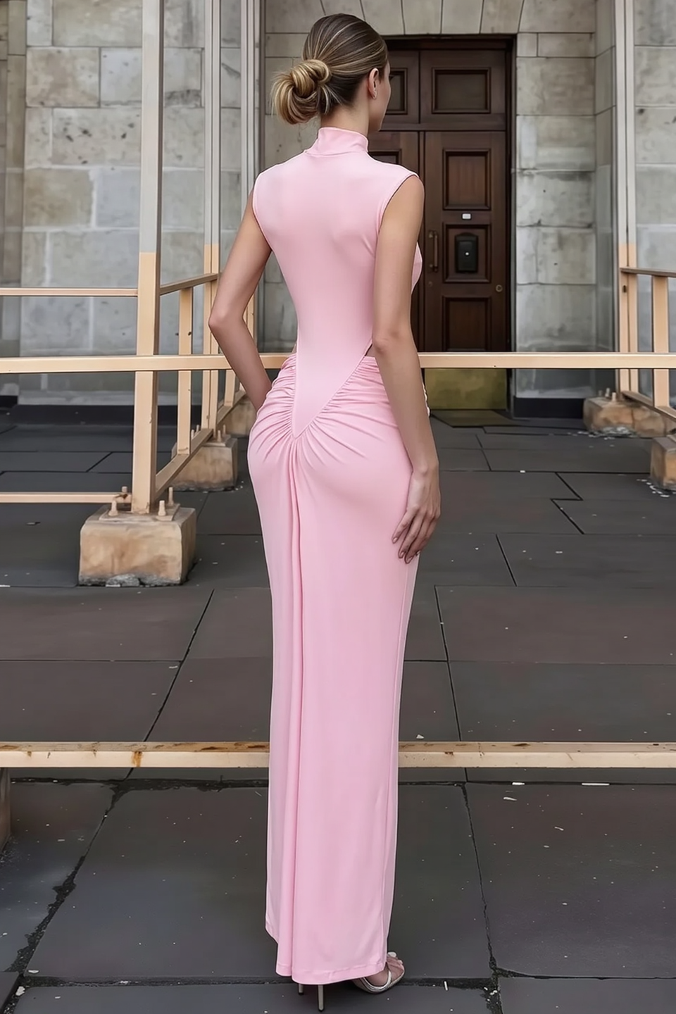 High-Neck Ruched Bodycon Dress