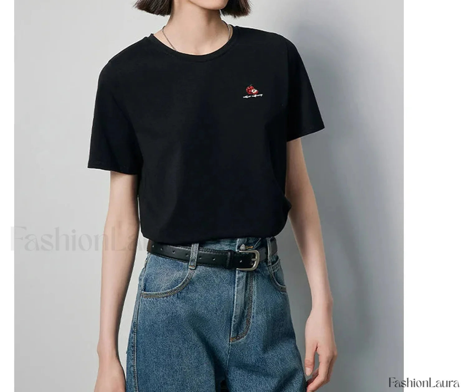 Bead Embroidered Round Cotton T-Shirt