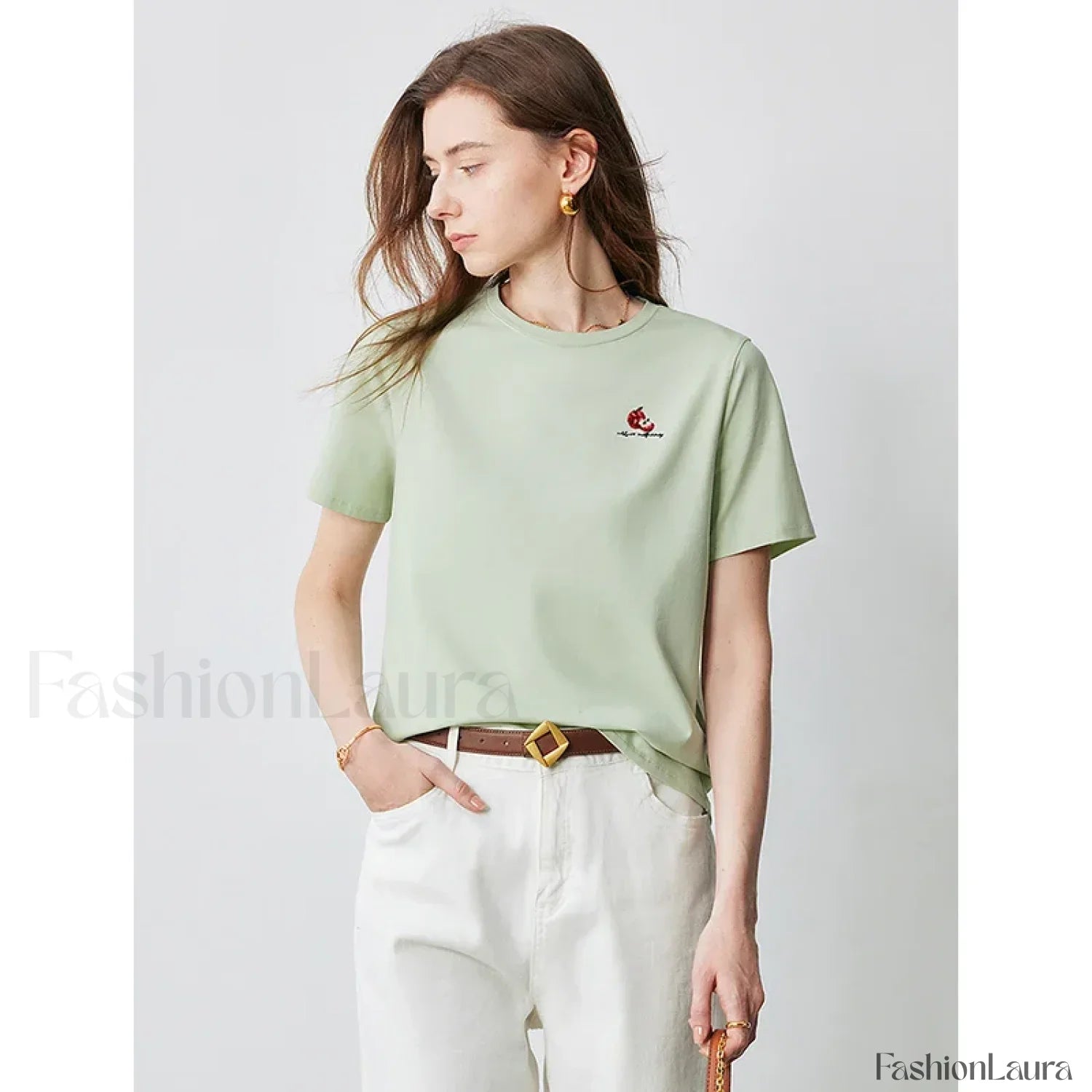 Bead Embroidered Round Cotton T-Shirt