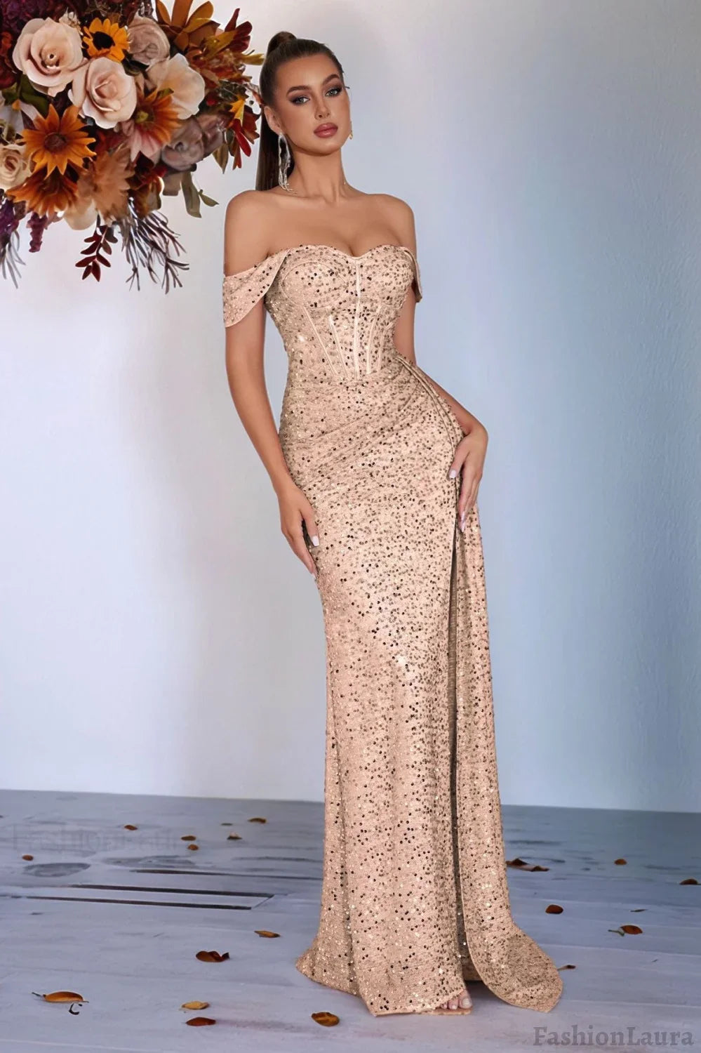 Beaded Bustier High Slit Formal Dress XS / Gold