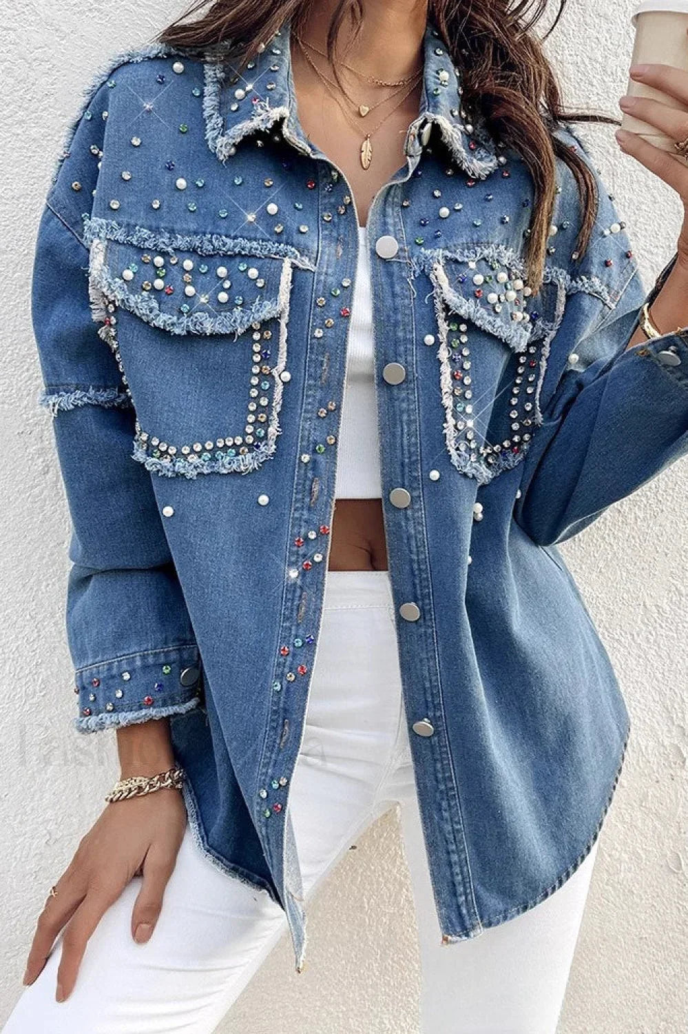 Beaded Contrast Denim Long Sleeve Coat