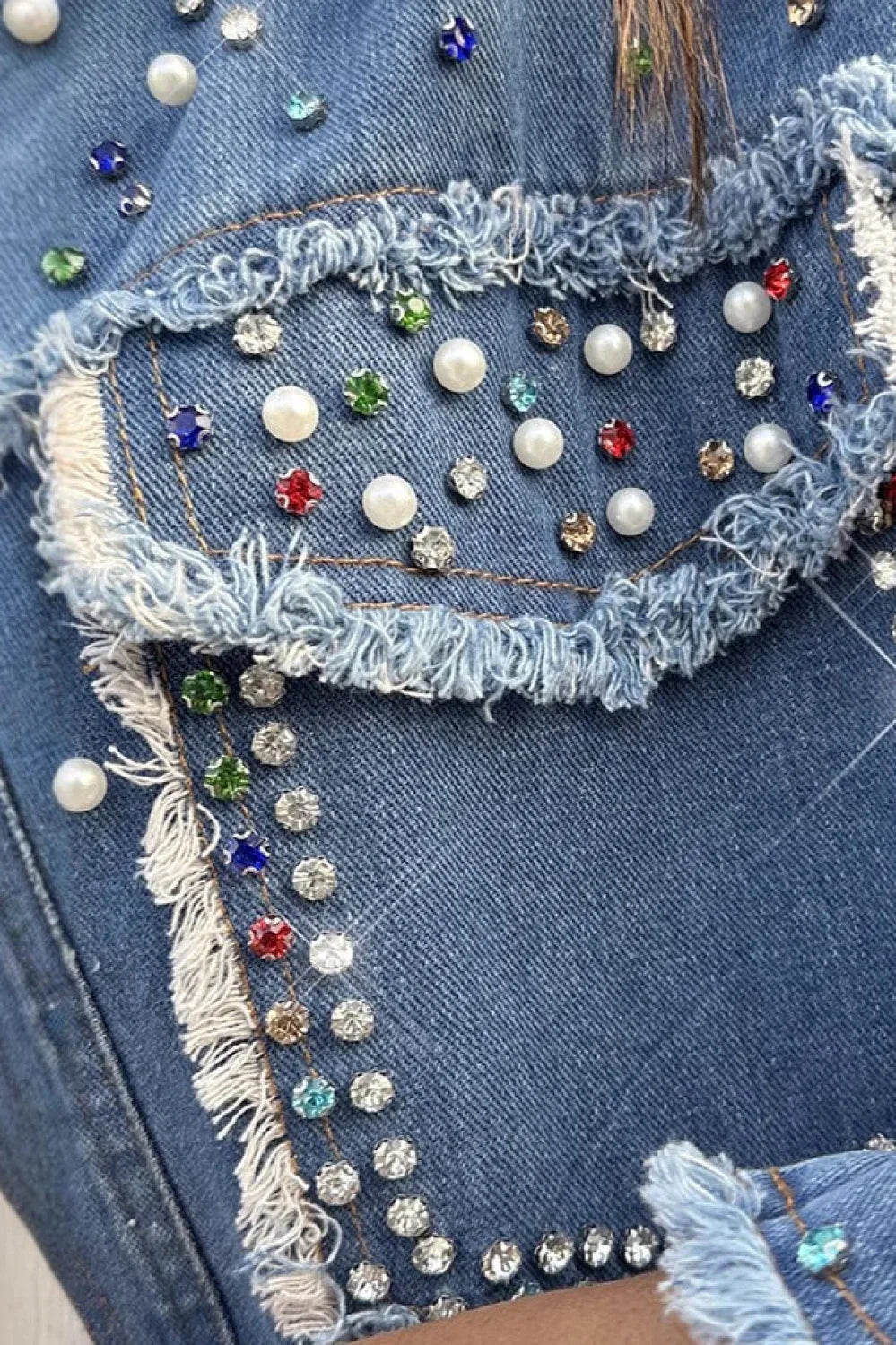 Beaded Contrast Denim Long Sleeve Coat