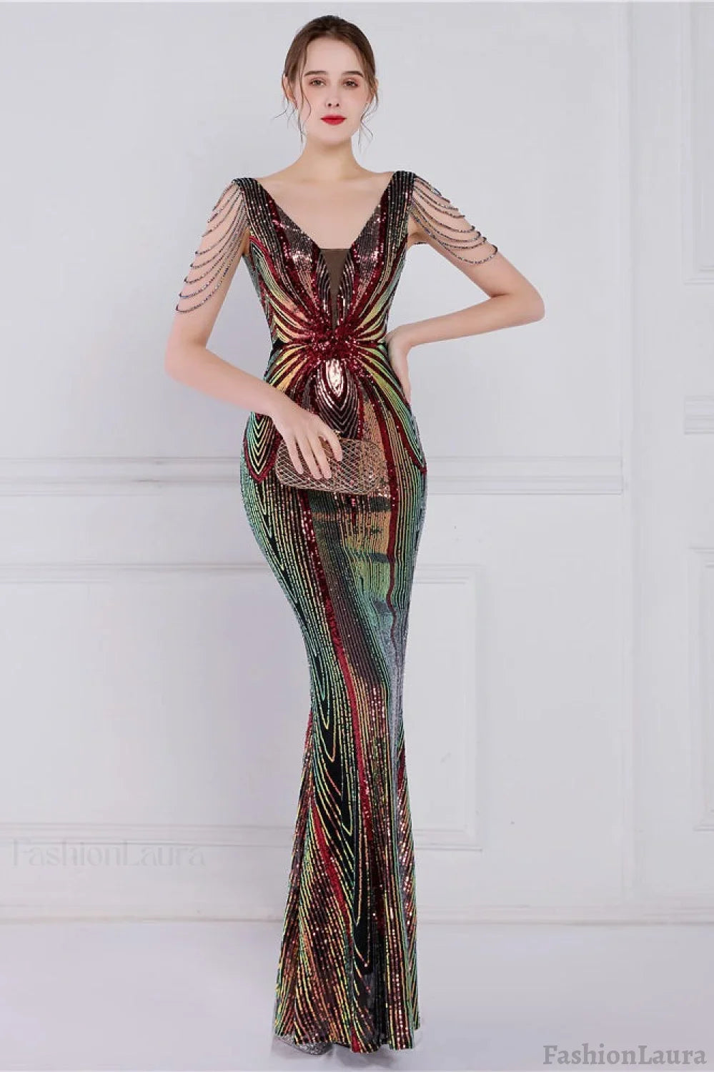 Beaded Floral Sequin Mermaid Party Dress Black and Red / S