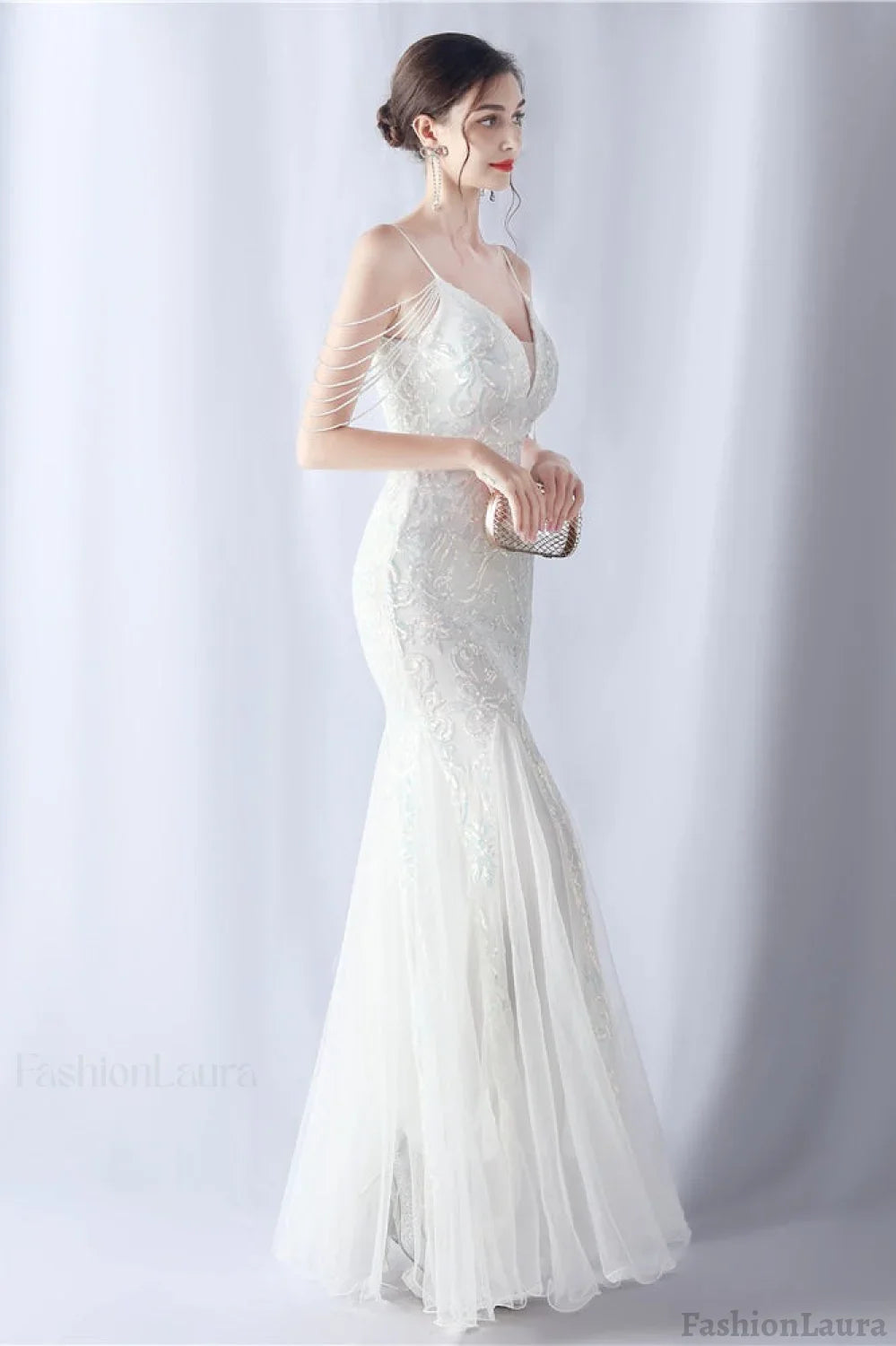 Beaded Mesh Cocktail Maxi Dress