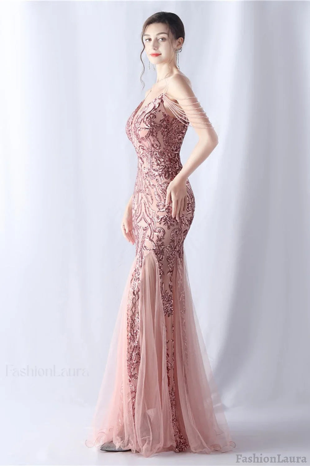 Beaded Mesh Cocktail Maxi Dress