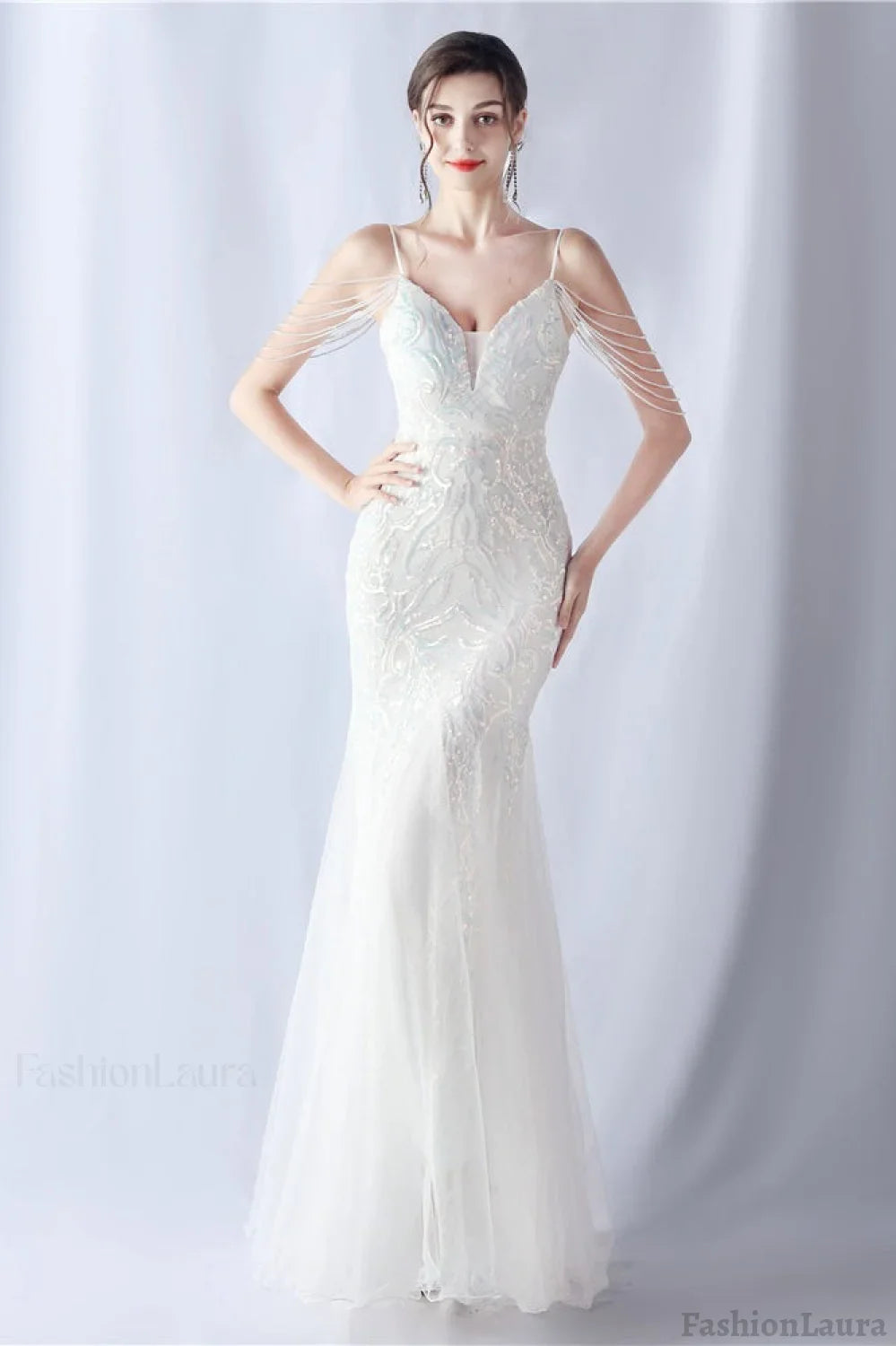 Beaded Mesh Cocktail Maxi Dress