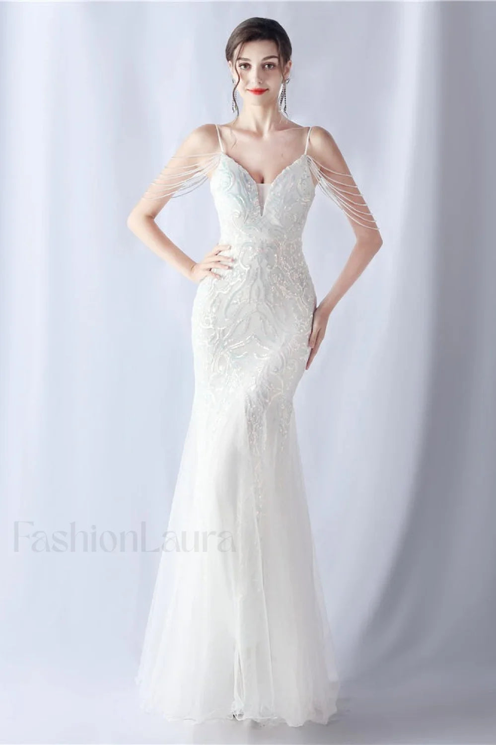 Beaded Mesh Cocktail Maxi Dress