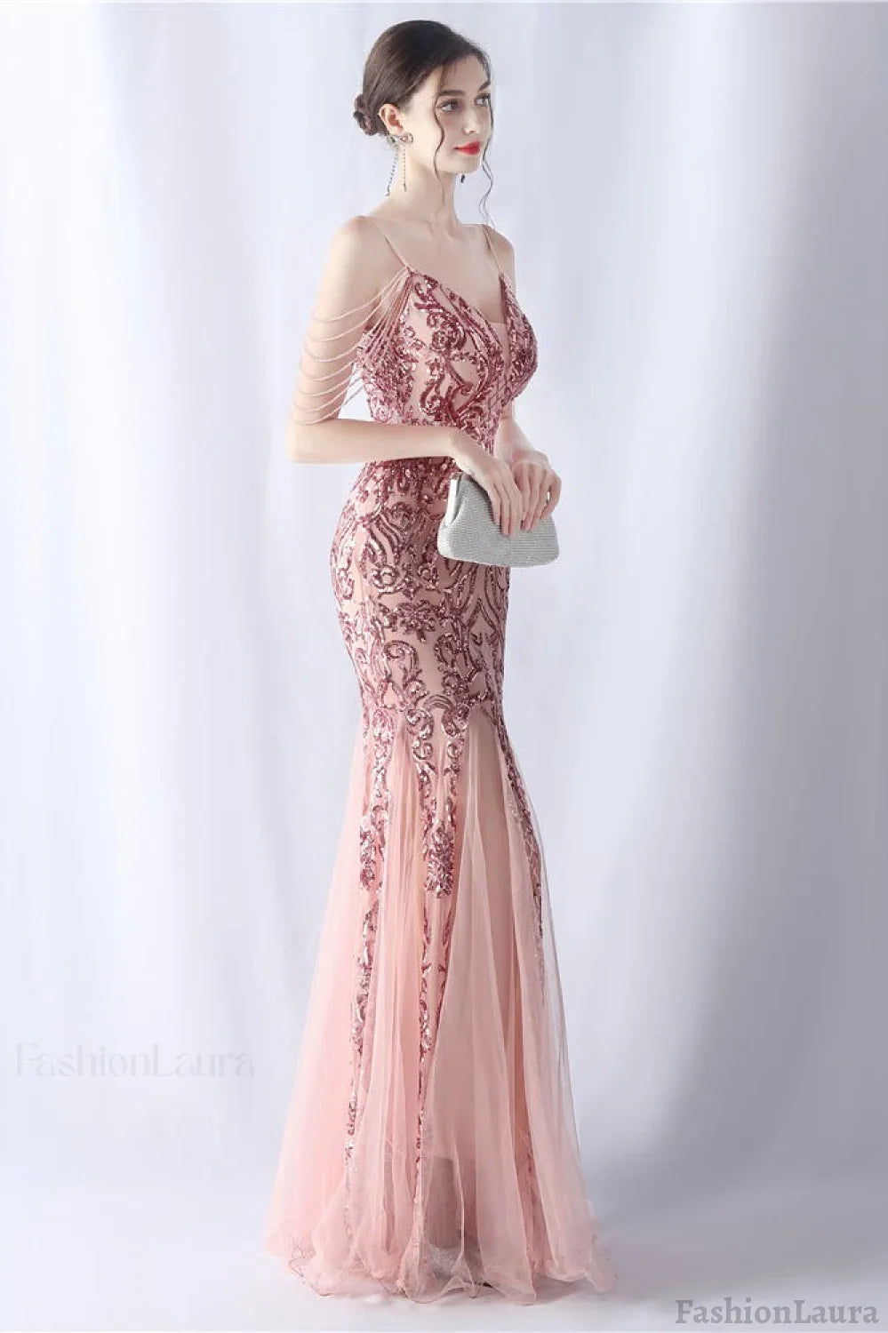 Beaded Mesh Cocktail Maxi Dress