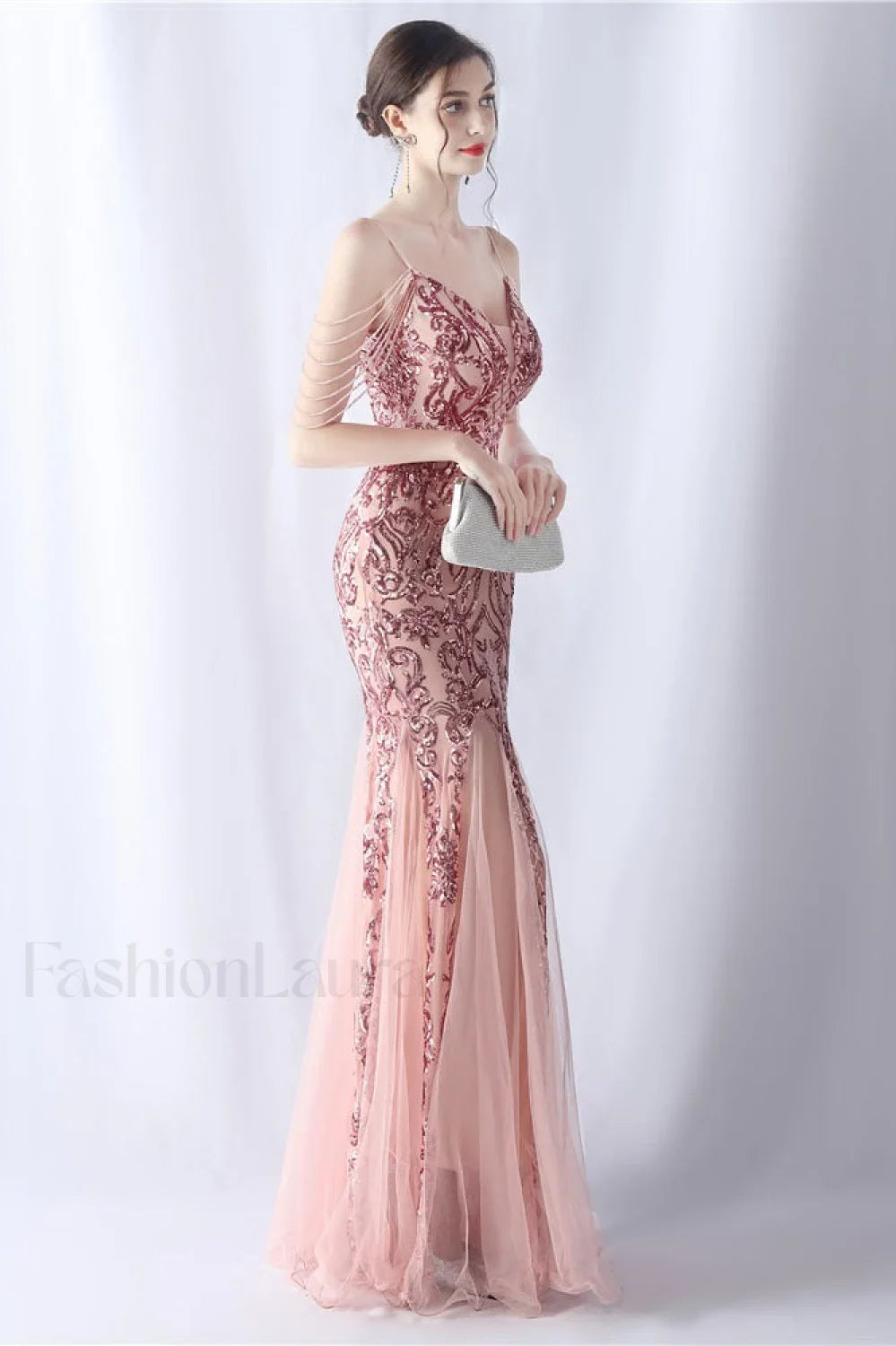 Beaded Mesh Cocktail Maxi Dress